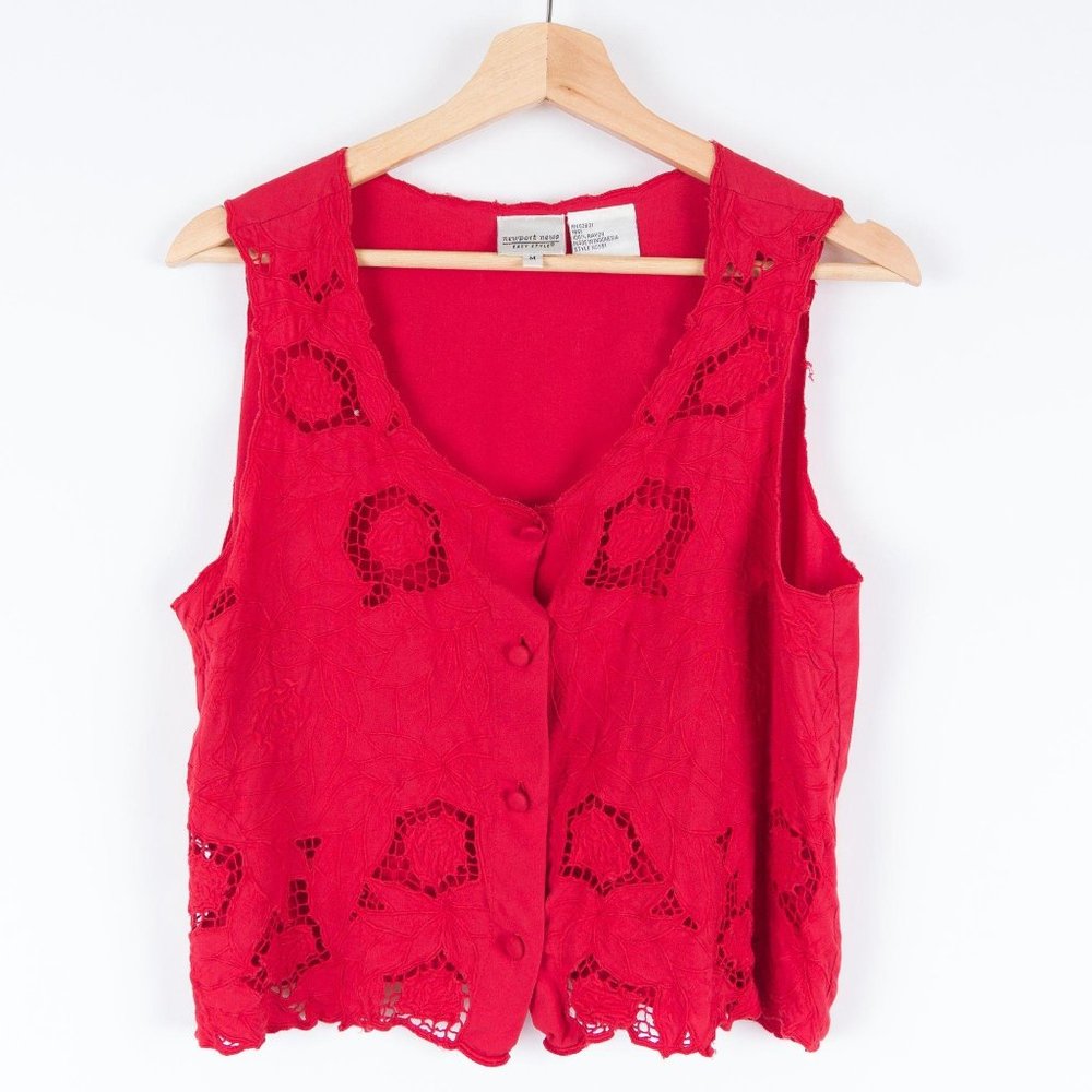 Beachy Red Button Up Crop Top Blouse Window Pane